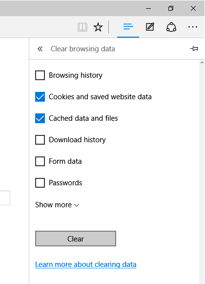Clear cache memory in Edge